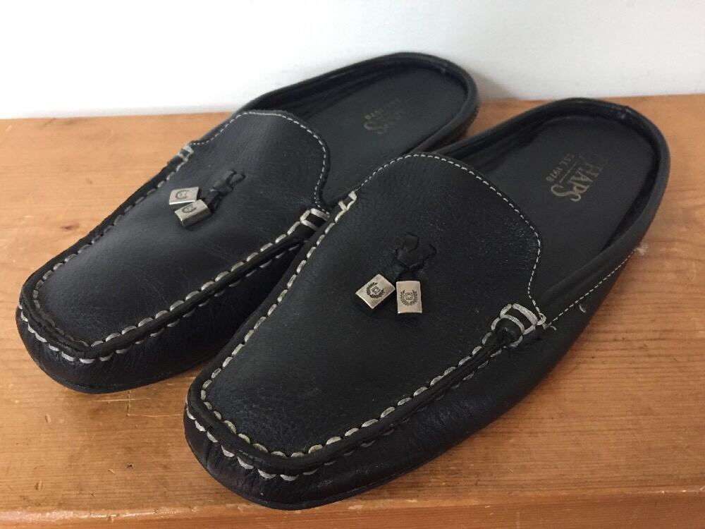 Chaps Arrington Black Leather Slip On Squared Toe Heelless Loafer Mules Women 7B